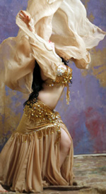 belly dance with golden custom and veil 